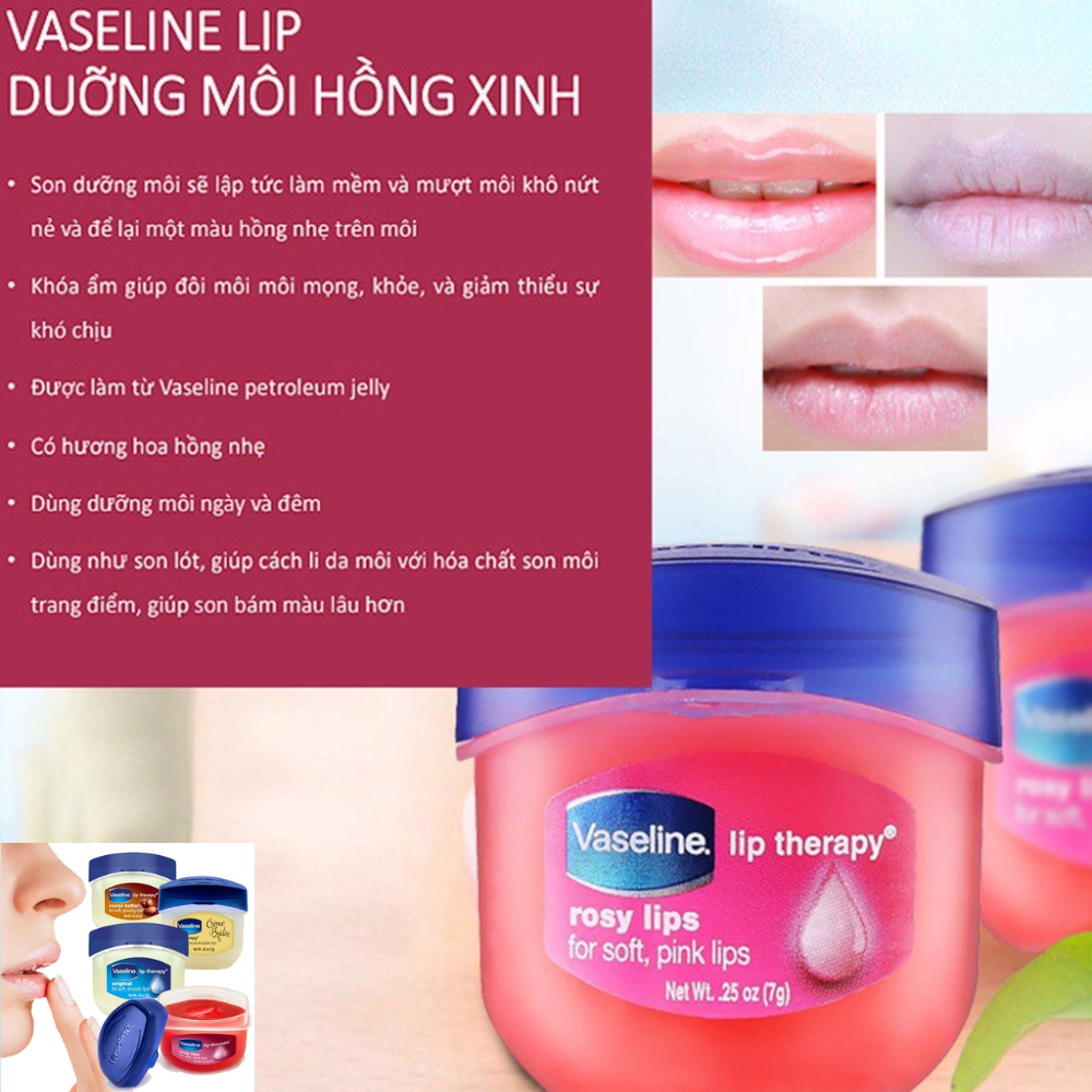 Ủ môi Vaseline, Sáp dưỡng môi Vaseline USA, Son dưỡng môi Vaseline hồng xinh mang lại làn môi mềm mọng tức thì 7g