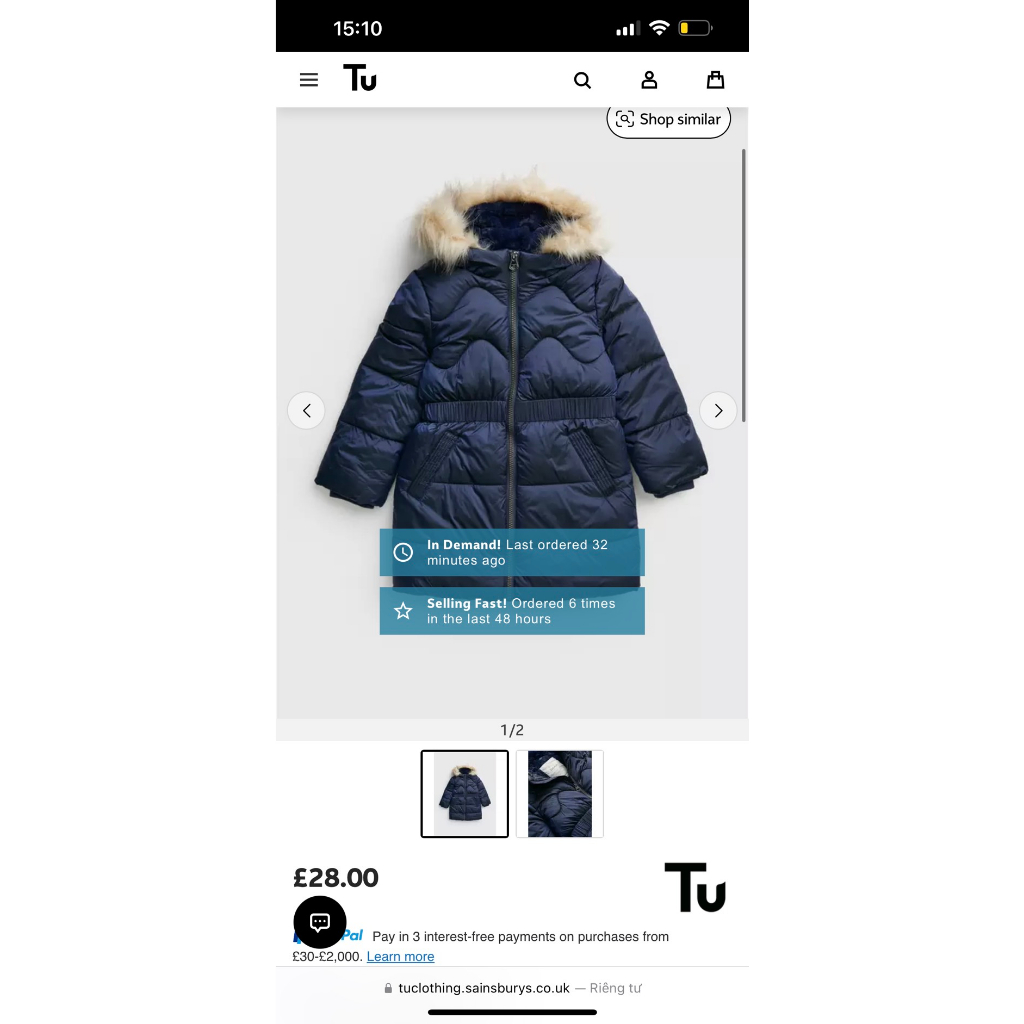 Áo khoác phao bé gái lót lông TU dáng dài