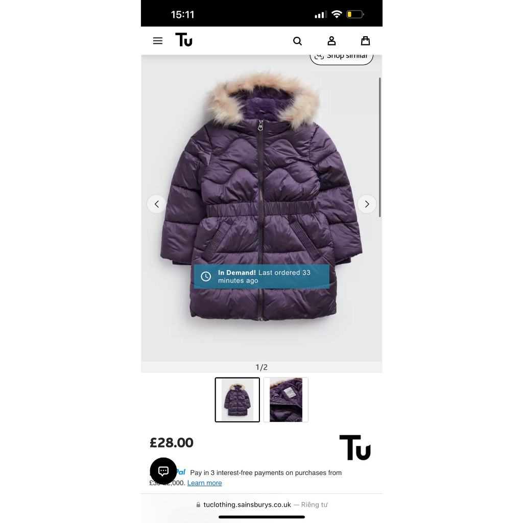 Áo khoác phao bé gái lót lông TU dáng dài