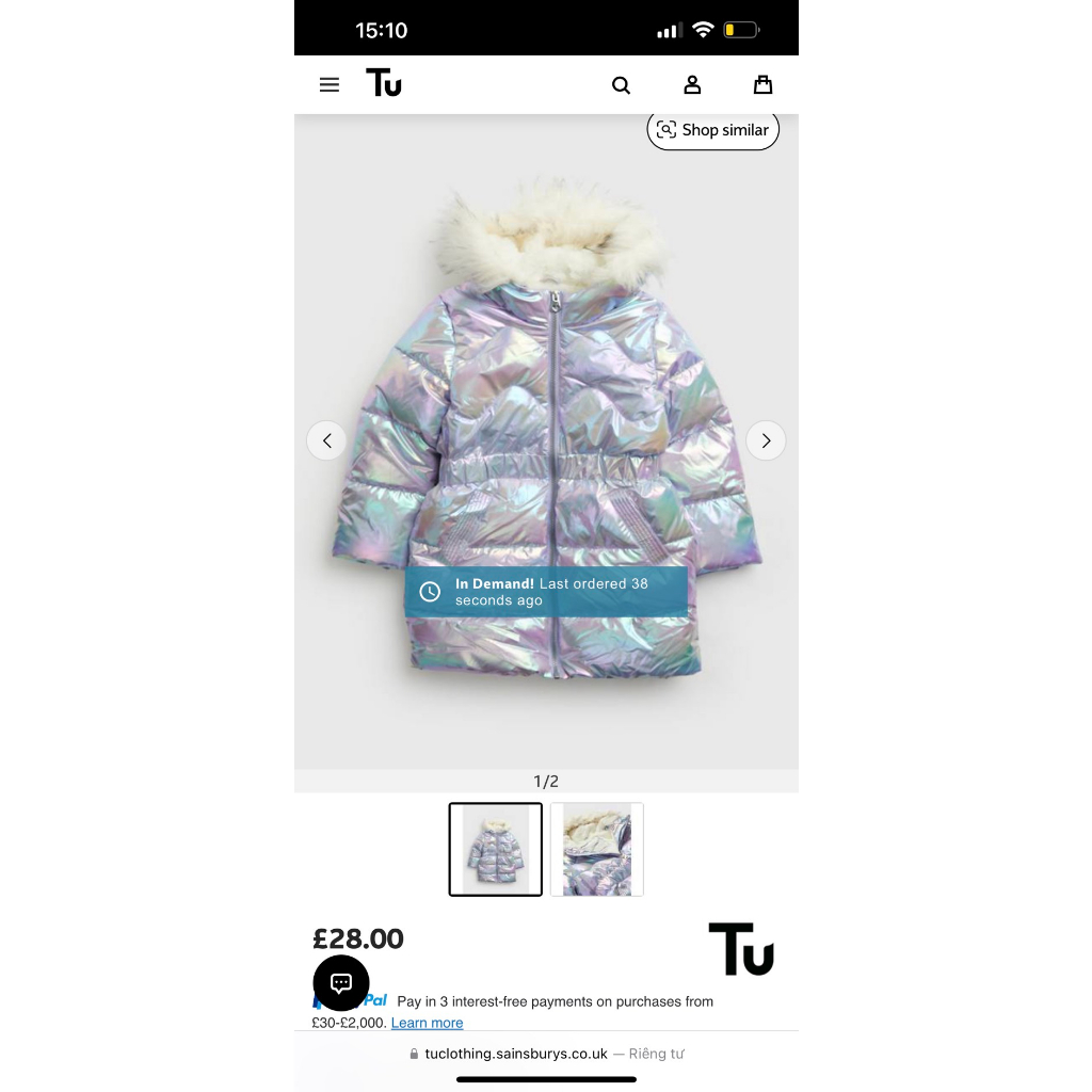 Áo khoác phao bé gái lót lông TU dáng dài