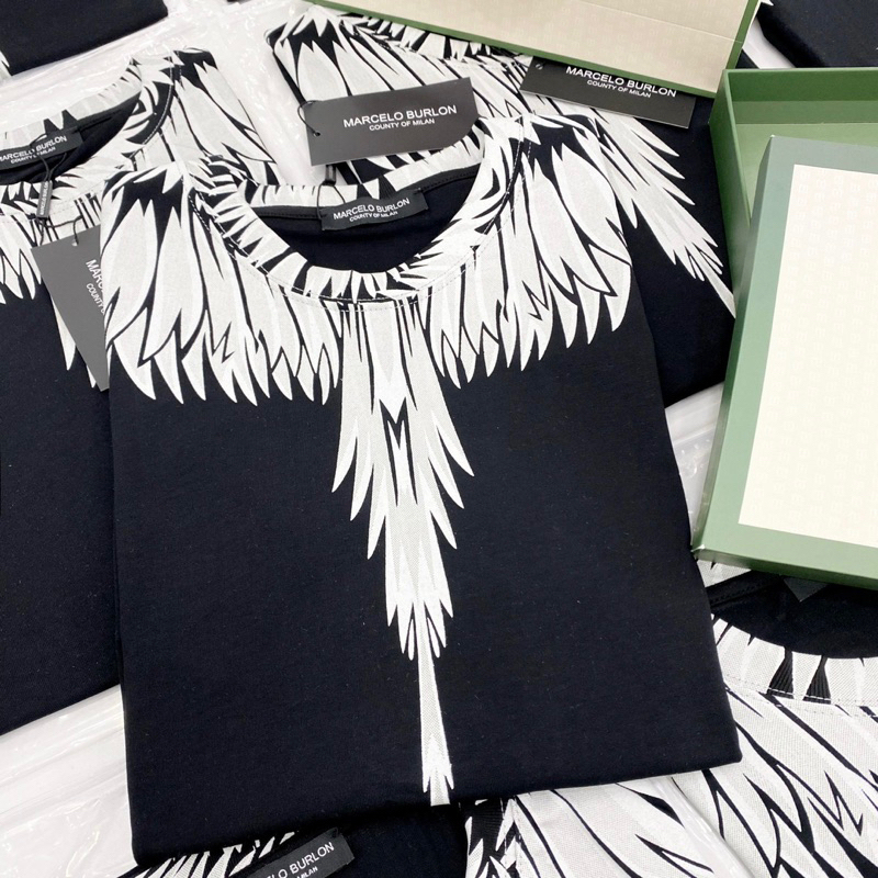 Áo phông nam nữ Premium Cotton in hình đôi cánh trắng Burlon tràn cổ hai mặt, Áo thun cao cấp 2023