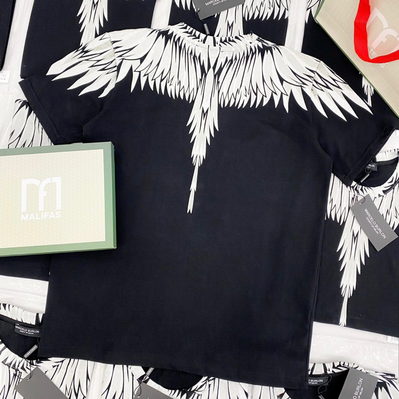 Áo phông nam nữ Premium Cotton in hình đôi cánh trắng Burlon tràn cổ hai mặt, Áo thun cao cấp 2023