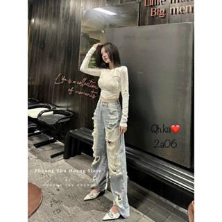 Quần bò xuông rách bạc loang