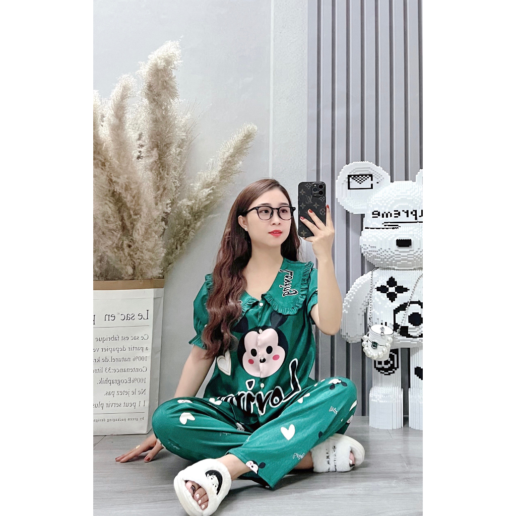 Đồ bộ nữ ANH MỸ pijama chất liệu lụa xước cao cấp tay ngắn quần dài xước bèo SP0064