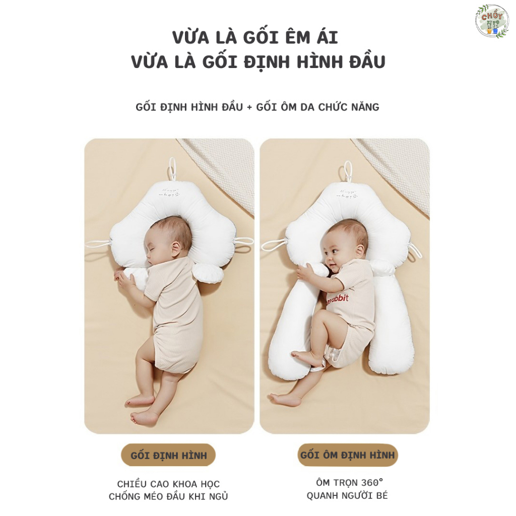Gối chữ U cho bé sơ sinh- Gối chống giật mình chống méo đầu, dây rút điều chỉnh 3 đầu giúp bé sơ sinh ngủ ngon hơn