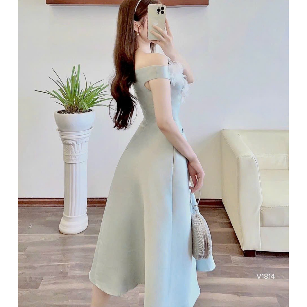 Đầm trễ vai maxi xòe xếp bèo eo tay ngắn