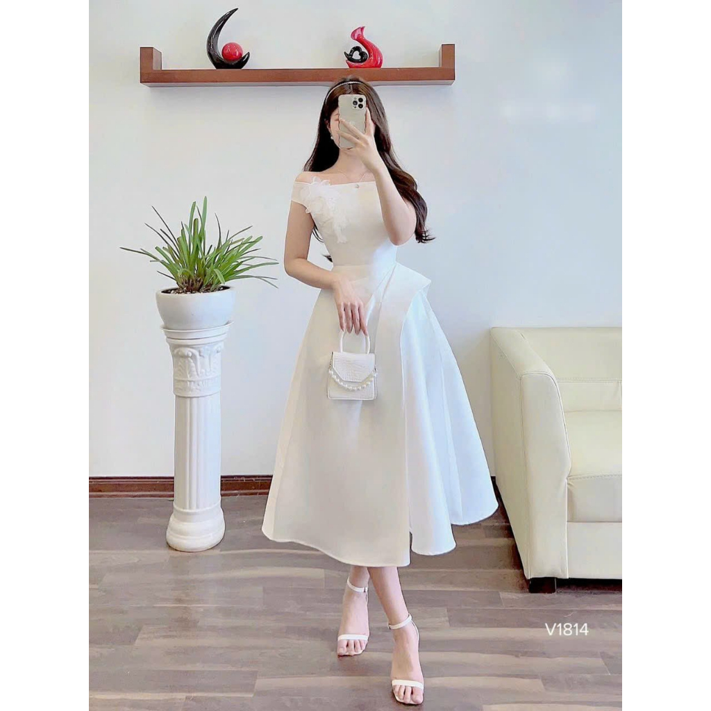 Đầm trễ vai maxi xòe xếp bèo eo tay ngắn