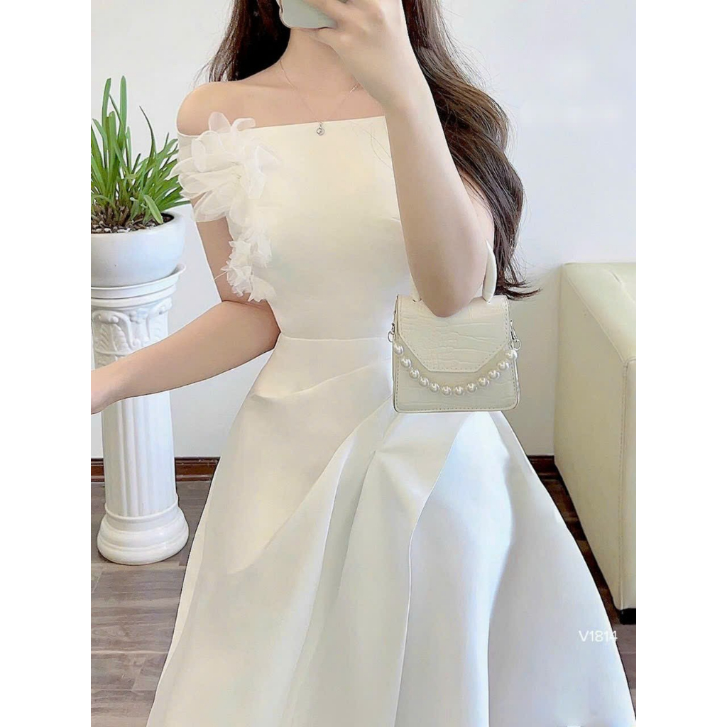 Đầm trễ vai maxi xòe xếp bèo eo tay ngắn