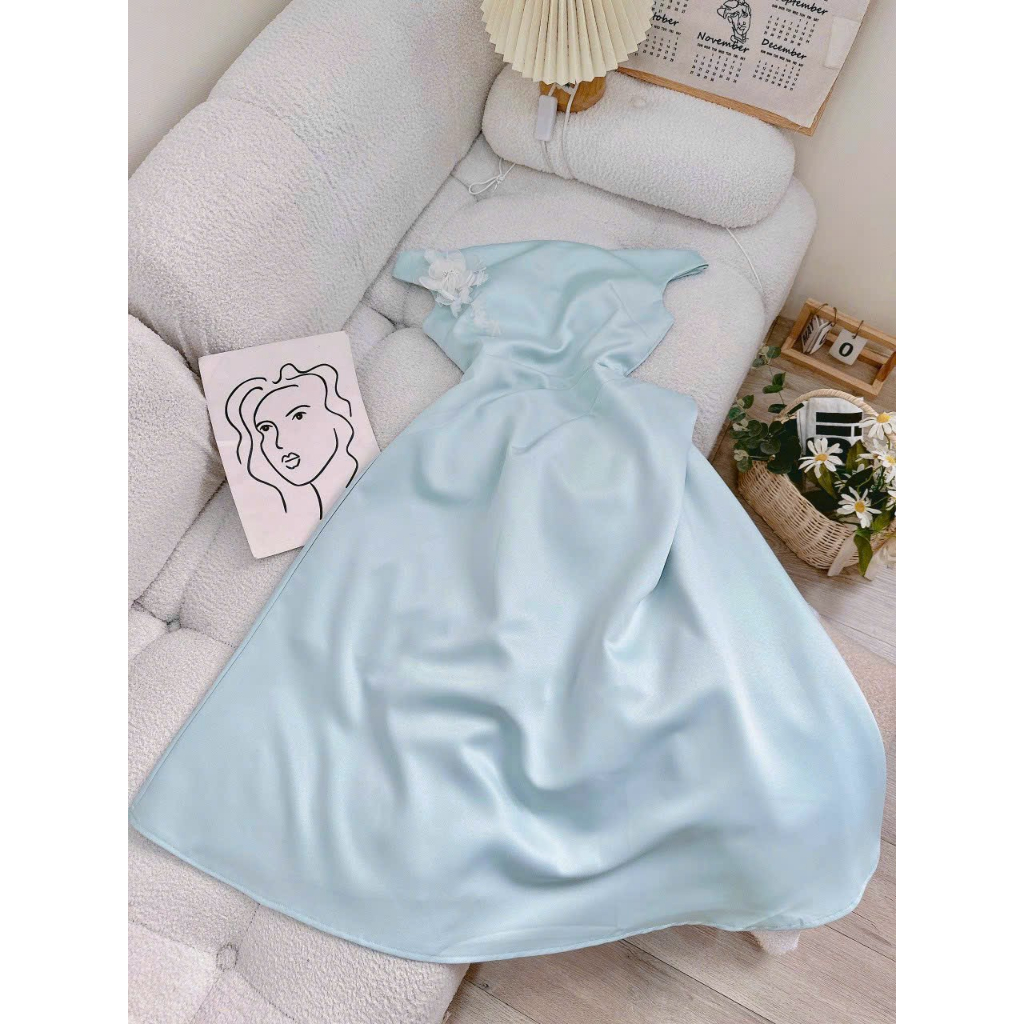 Đầm trễ vai maxi xòe xếp bèo eo tay ngắn