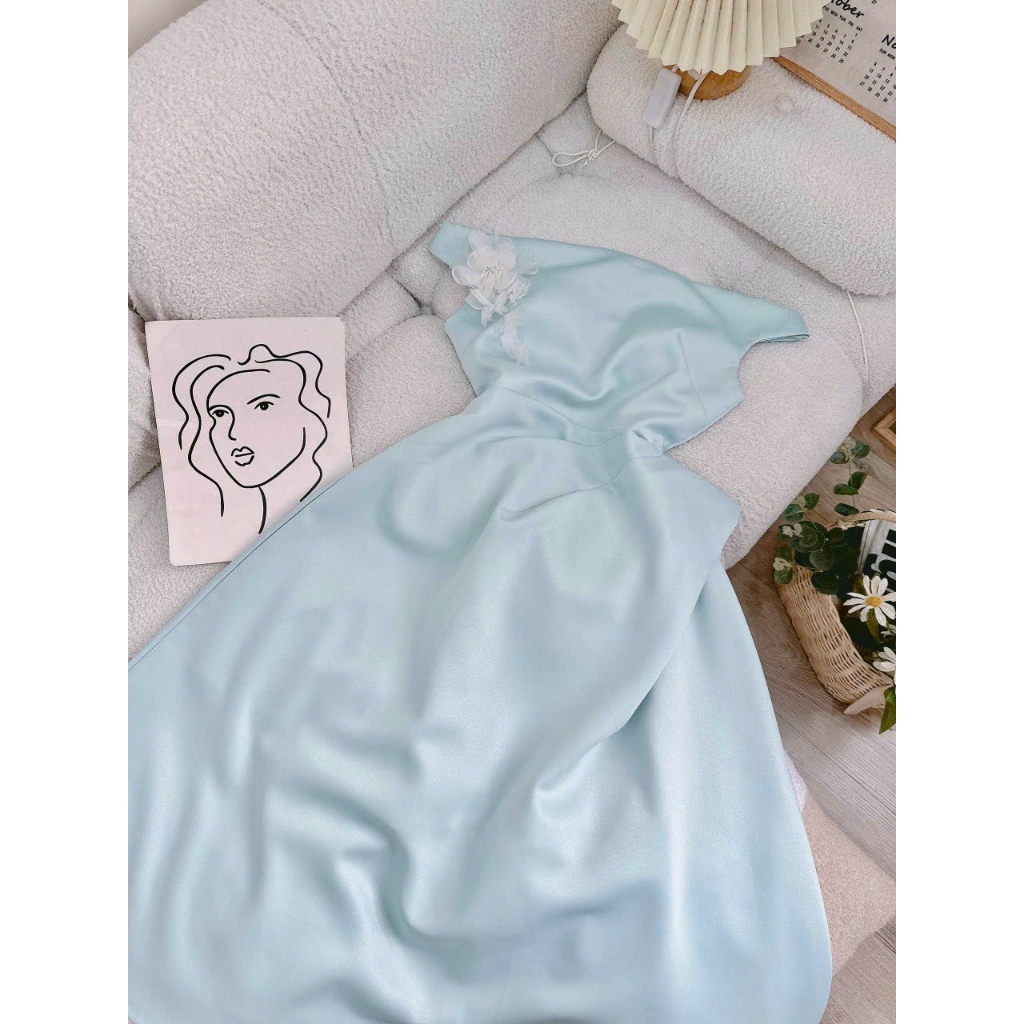 Đầm trễ vai maxi xòe xếp bèo eo tay ngắn