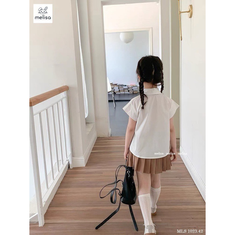 Set Váy Bé Gái Áo Sơ Mi Túi Ngực Chân Váy Nâu Cam MLS