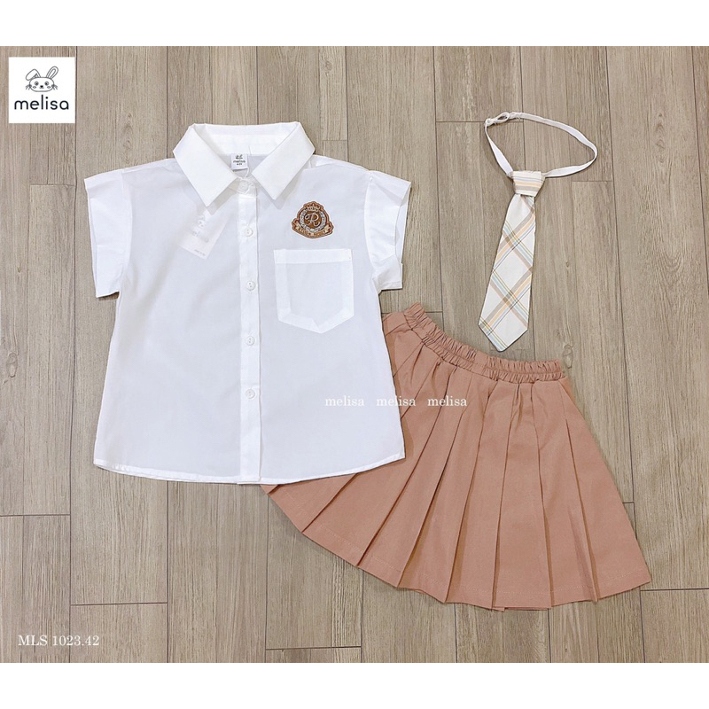 Set Váy Bé Gái Áo Sơ Mi Túi Ngực Chân Váy Nâu Cam MLS