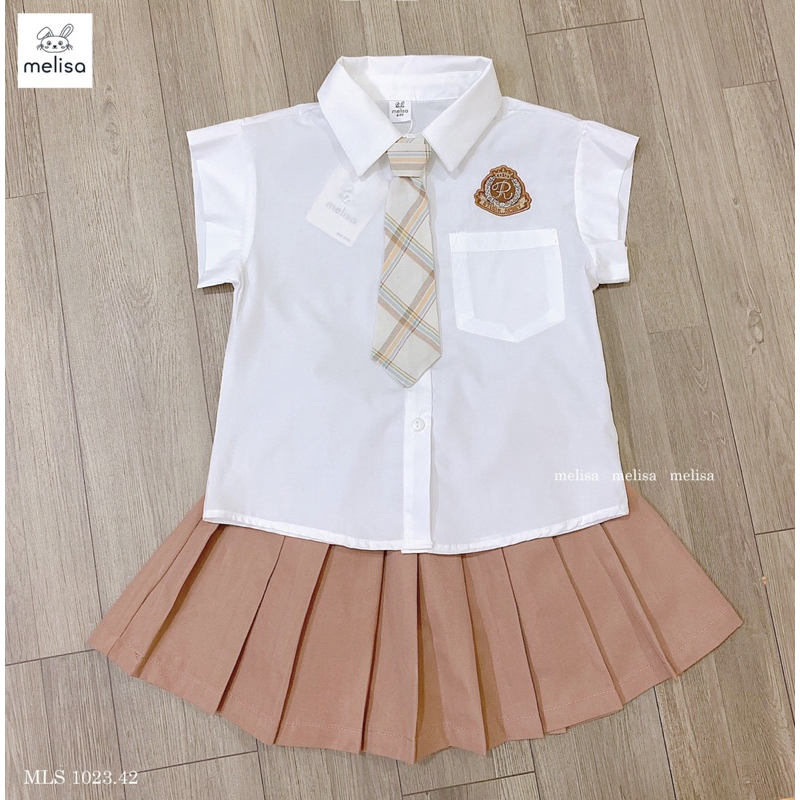 Set Váy Bé Gái Áo Sơ Mi Túi Ngực Chân Váy Nâu Cam MLS