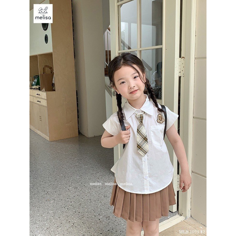 Set Váy Bé Gái Áo Sơ Mi Túi Ngực Chân Váy Nâu Cam MLS