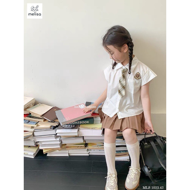 Set Váy Bé Gái Áo Sơ Mi Túi Ngực Chân Váy Nâu Cam MLS