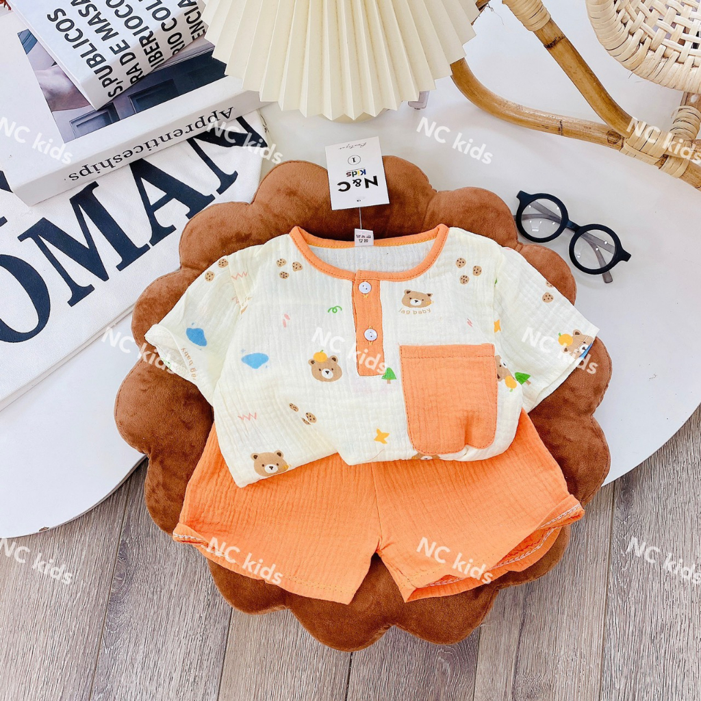 Bộ quần áo cộc xô muslin cho bé trai, bé gái BC31
