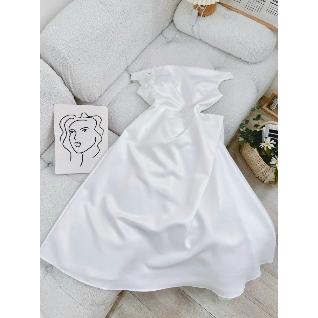 Đầm trễ vai maxi xòe xếp bèo eo tay ngắn