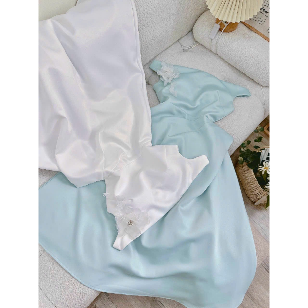 Đầm trễ vai maxi xòe xếp bèo eo tay ngắn