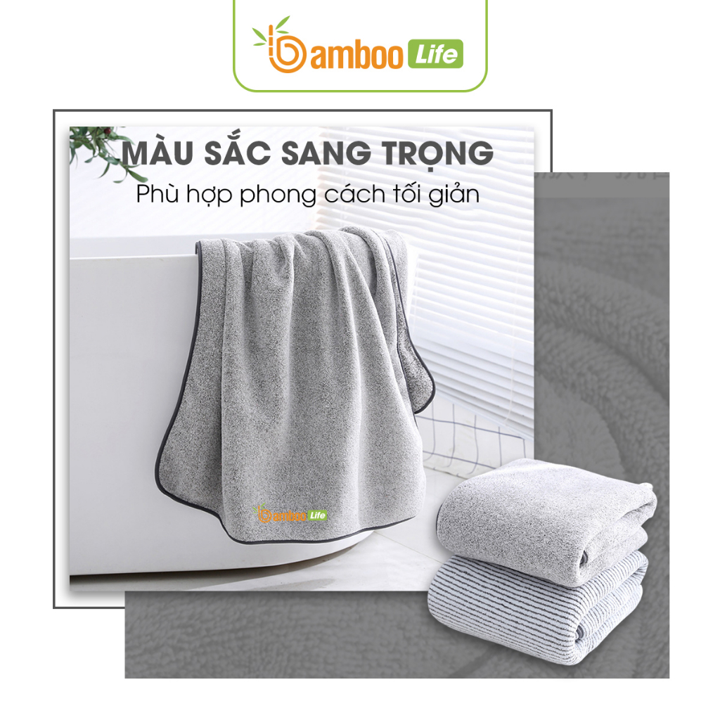 Khăn tắm, khăn gội đầu, Bamboo Life chất liệu sợi tre hàng chính hãng cỡ lớn 140x70cm mềm mại siêu thấm hút kháng khuẩn