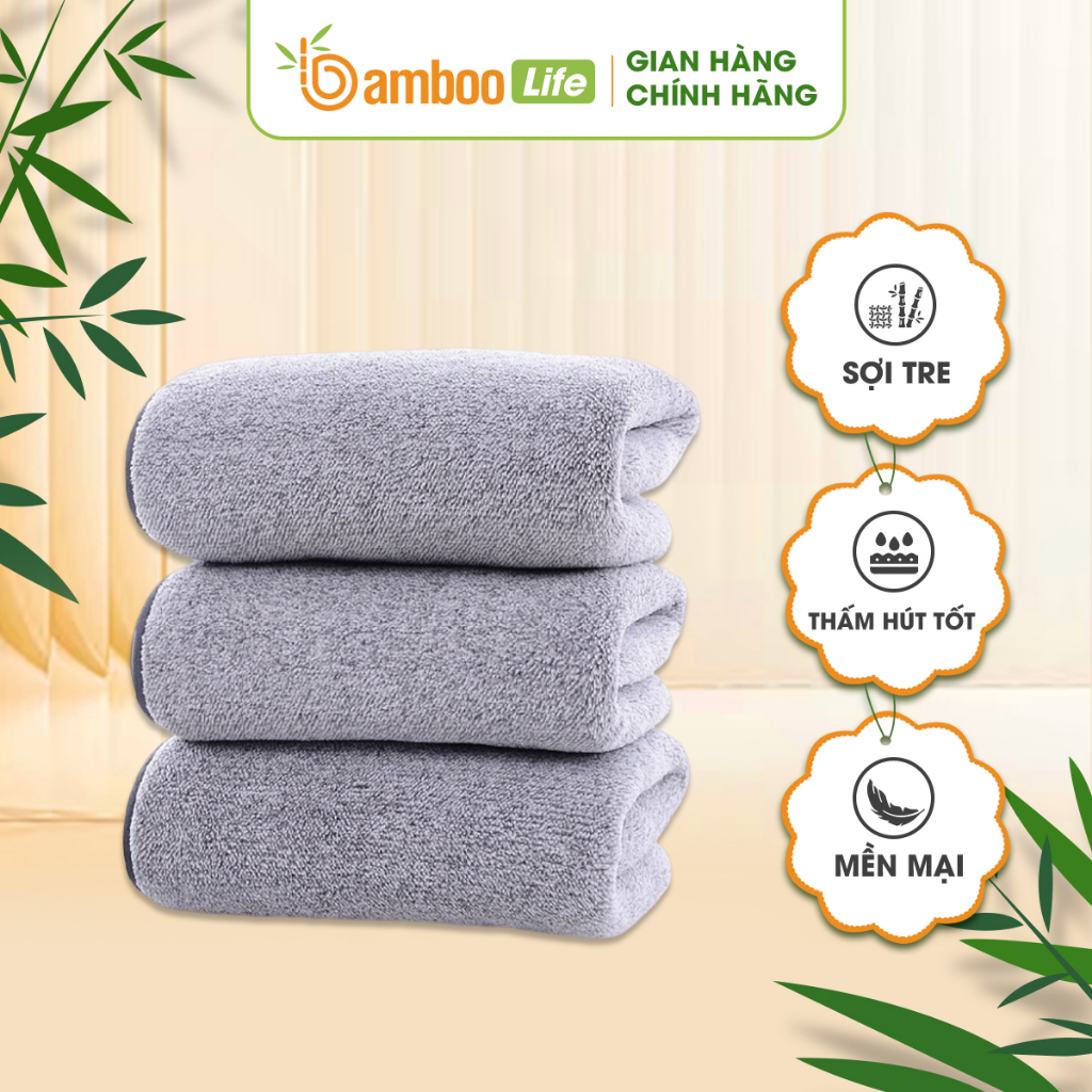 Khăn tắm, khăn gội đầu, Bamboo Life chất liệu sợi tre hàng chính hãng cỡ lớn 140x70cm mềm mại siêu thấm hút kháng khuẩn