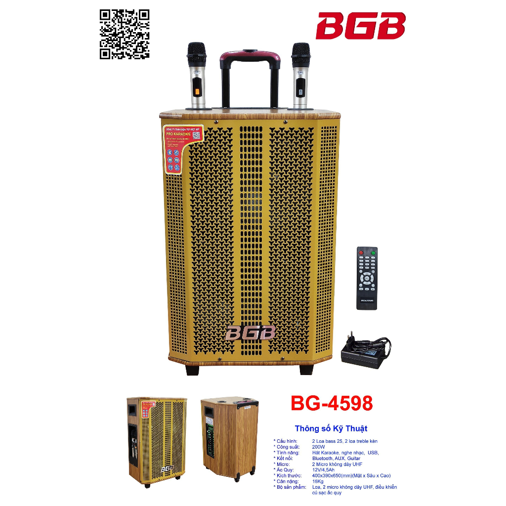 Loa Kéo Cao CấpBGB Bluetooth , Loa 2 bas 25 Tặng 2 Mic Đọc Được USB Thẻ Nhớ Công Suất 200w Có Bánh Xe Cao Cấp