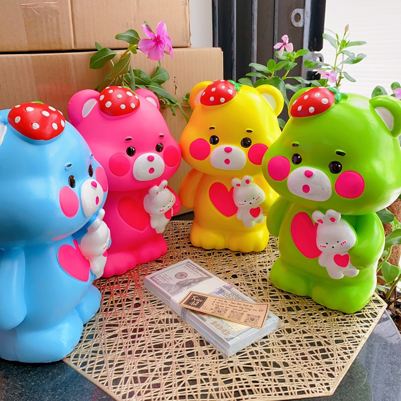 (23x12x14cm) 🐰 Heo đất em bé Gấu ôm thỏ, chất liệu thạch cao sơn nước, vẽ tay tỉ mỉ cute