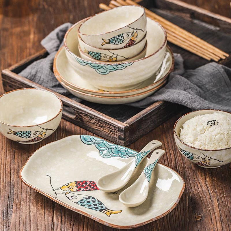 Bộ bát đĩa hình cá Nhật Bản, bộ bát đĩa cá xanh đỏ