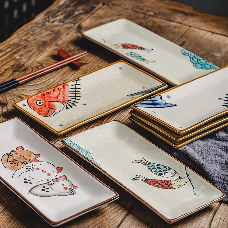 Bộ bát đĩa hình cá Nhật Bản, bộ bát đĩa cá xanh đỏ