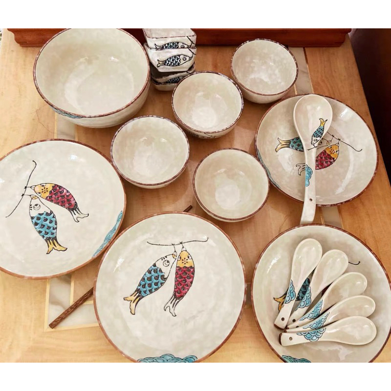 Bộ bát đĩa hình cá Nhật Bản, bộ bát đĩa cá xanh đỏ