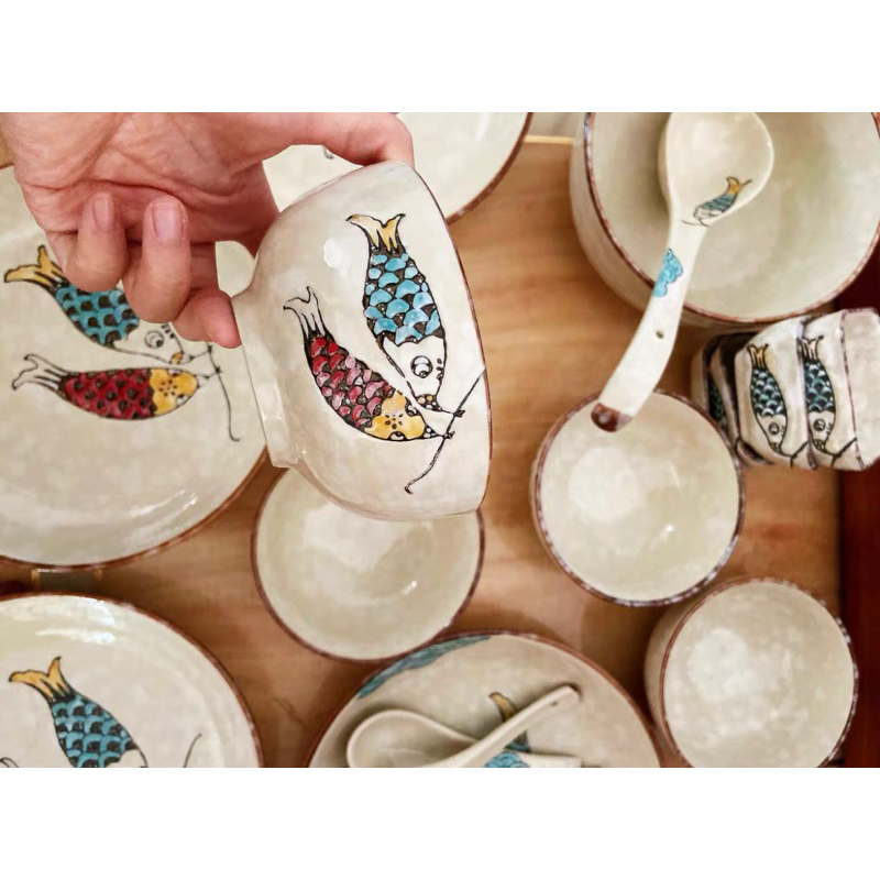 Bộ bát đĩa hình cá Nhật Bản, bộ bát đĩa cá xanh đỏ