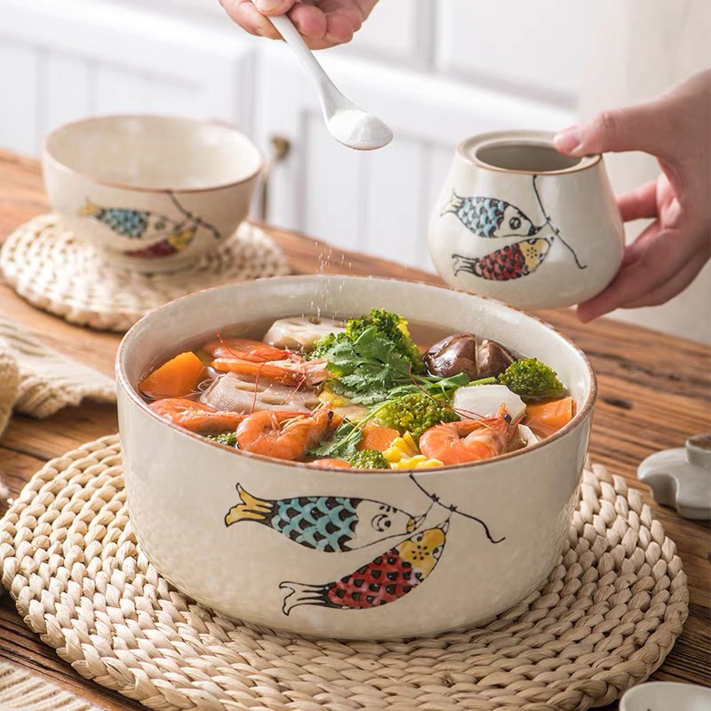 Bộ bát đĩa hình cá Nhật Bản, bộ bát đĩa cá xanh đỏ