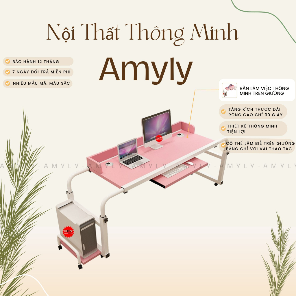 Bàn Làm Việc Thông Minh AMYLY Bàn Làm Việc Trên Giường Có Ngăn Kéo 3 Màu Hồng Nâu Đen D120-200*R45*C55-85cm