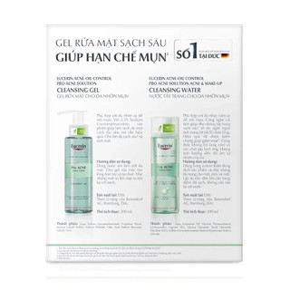 Combo Eucerin Làm Sạch Sâu Cho Da Mụn (Gel Rửa Mặt ProAcne 200ml & Tẩy Trang ProAcne Cleansing Water 200ml)