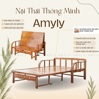 Giường tre amyly giường tre gấp gọn thành ghế sofa thông minh chất liệu tre già phủ sơn vecni d188 x r180 x c32cm