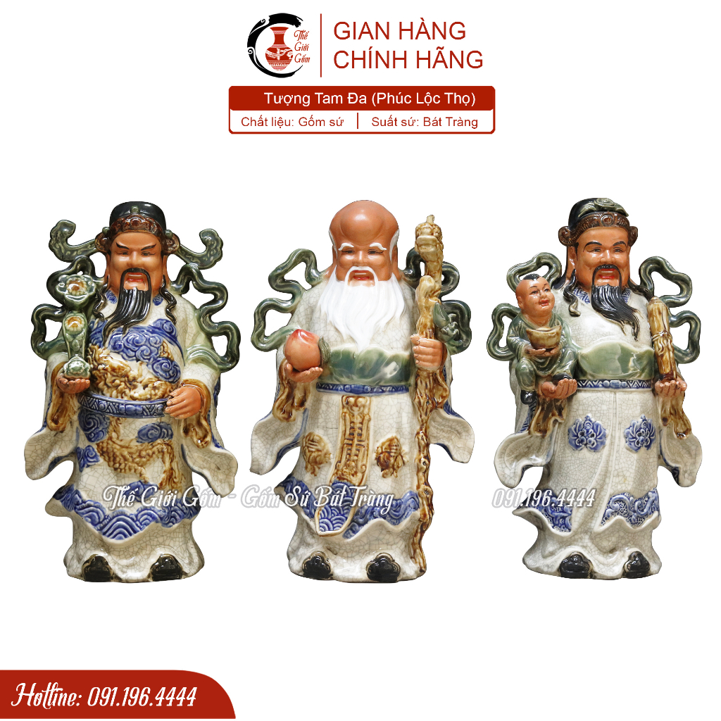 Tượng Tam Đa Phúc Lộc Thọ Gôm Sứ Men Rạn Bát Tràng