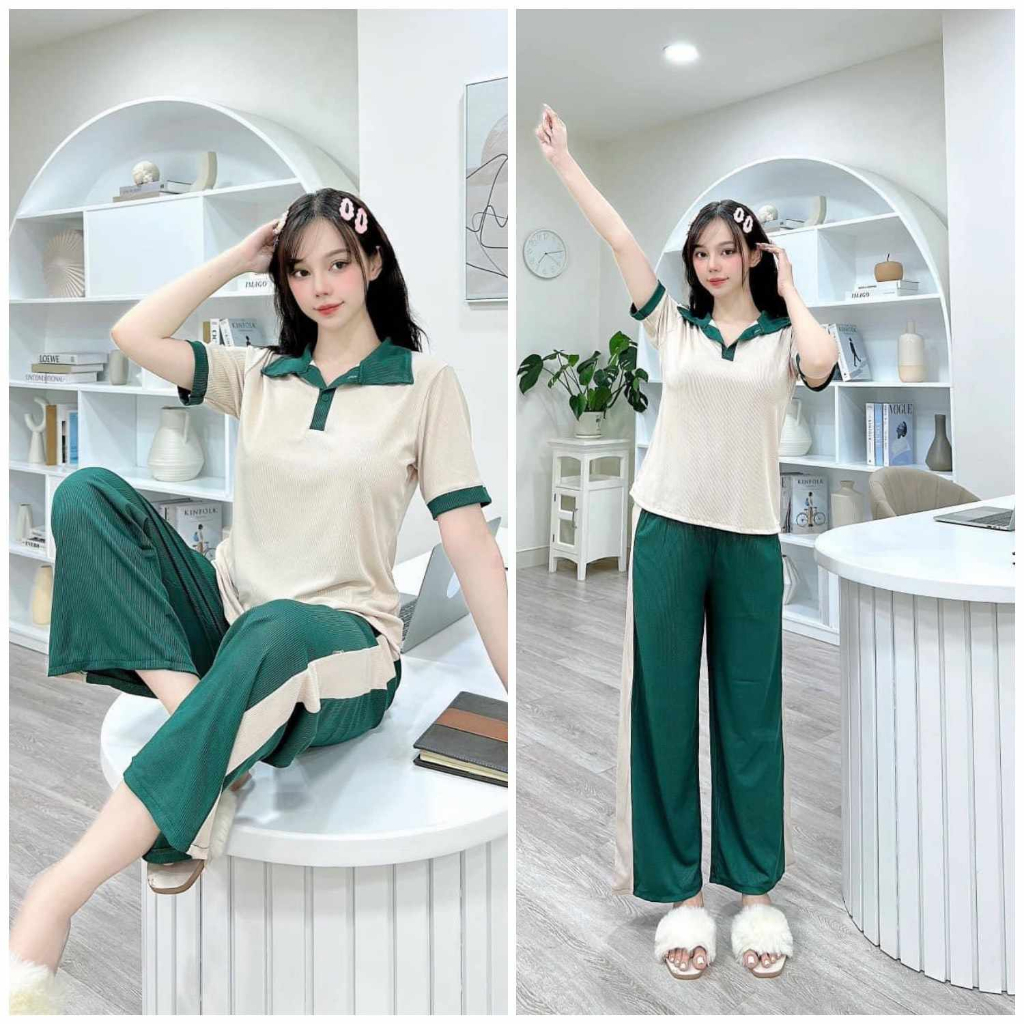 Đồ bộ nữ, set đồ bộ quần ống rộng đai cao có túi và áo cổ bẻ gài nút vải thun cotton gân, set đồ nữ