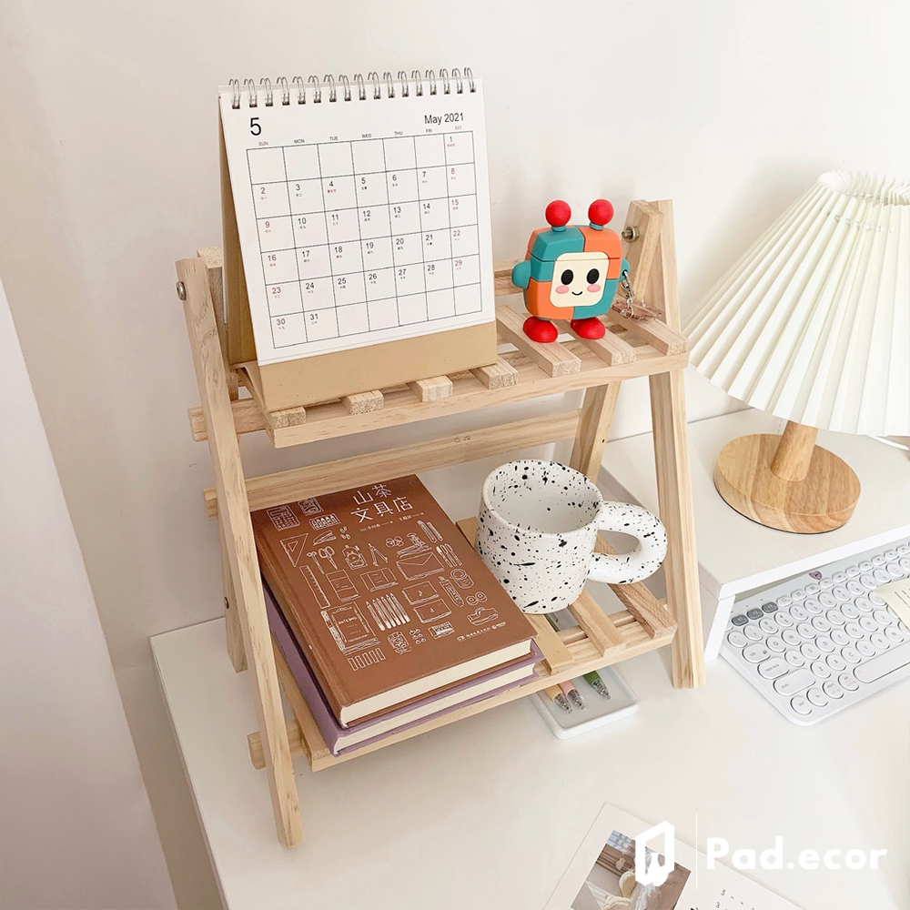 Kệ gỗ để bàn 2 tầng gấp gọn mini decor trang trí góc làm việc