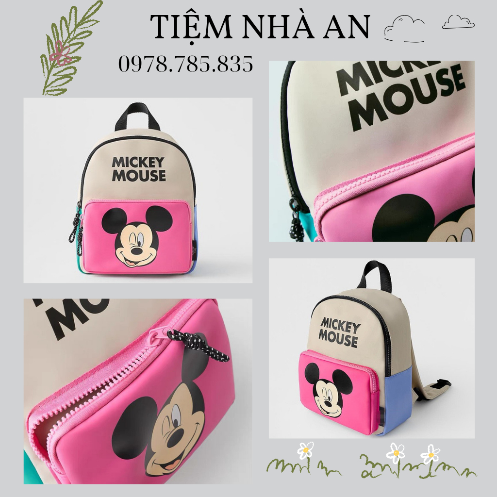 balo, cặp sách MICKEY MOUSE hồng cho bé, chất liệu da, ngăn đồ rộng rãi, hình mickey in rõ nét, kèm ảnh thật-tiệm nhà An