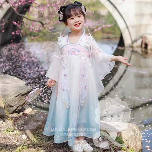 Hán phục trắng xanh tay rộng cho bé gái