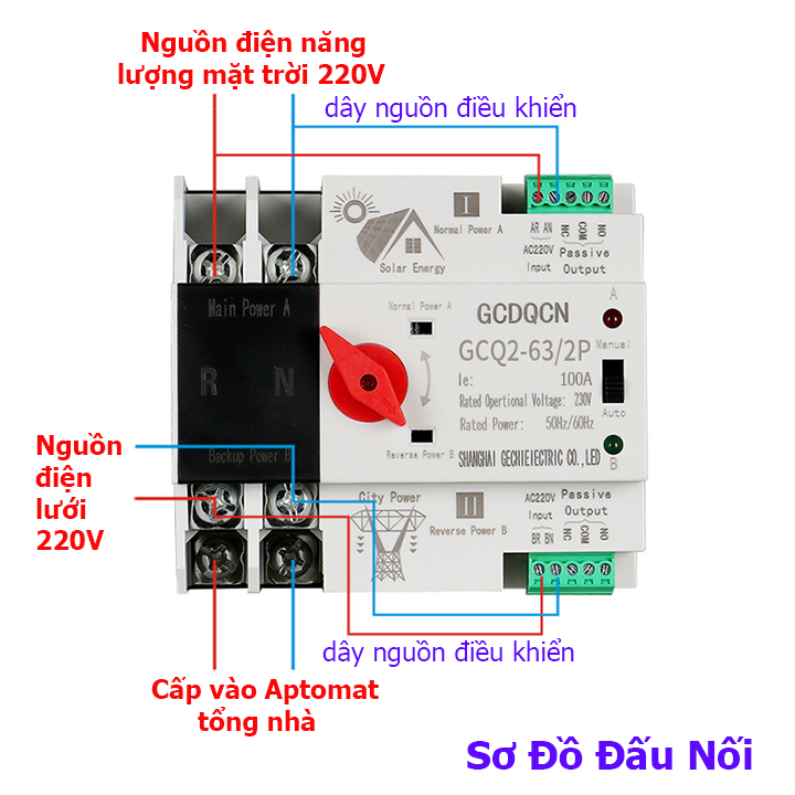 Bộ chuyển đổi nguồn điện tự động ATS 2P 100A GCDQCN ĐIỆN NĂNG LƯỢNG MẶT TRỜI ,cầu dao đảo chiều tự động không gây mất đi