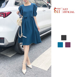 Đầm cộc tay cổ vuông phối nơ eo chất vải co giãn 4 chiều S77.SP010830.1