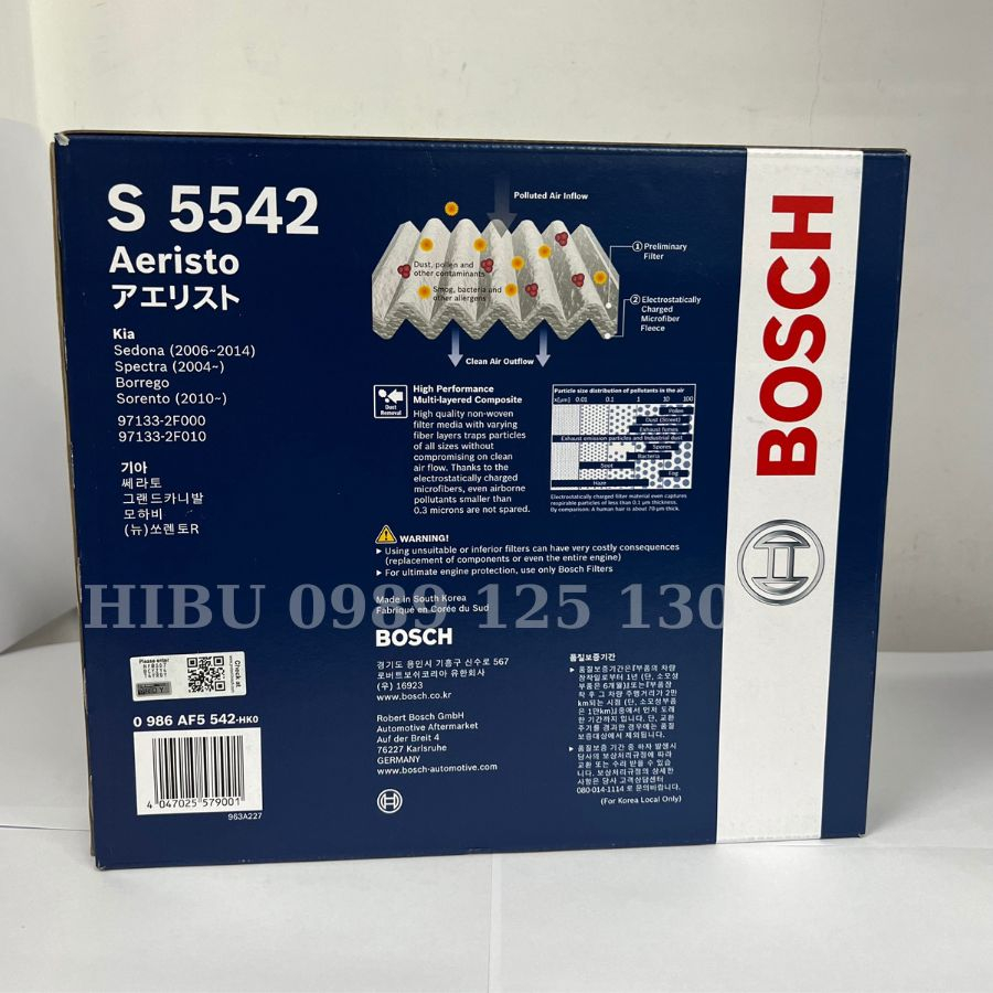 Lọc Gió Điều Hòa Tiêu Chuẩn BOSCH Aeristo S5542 Dành Cho Xe Kia Carens (04-09), Sorento (09-14)