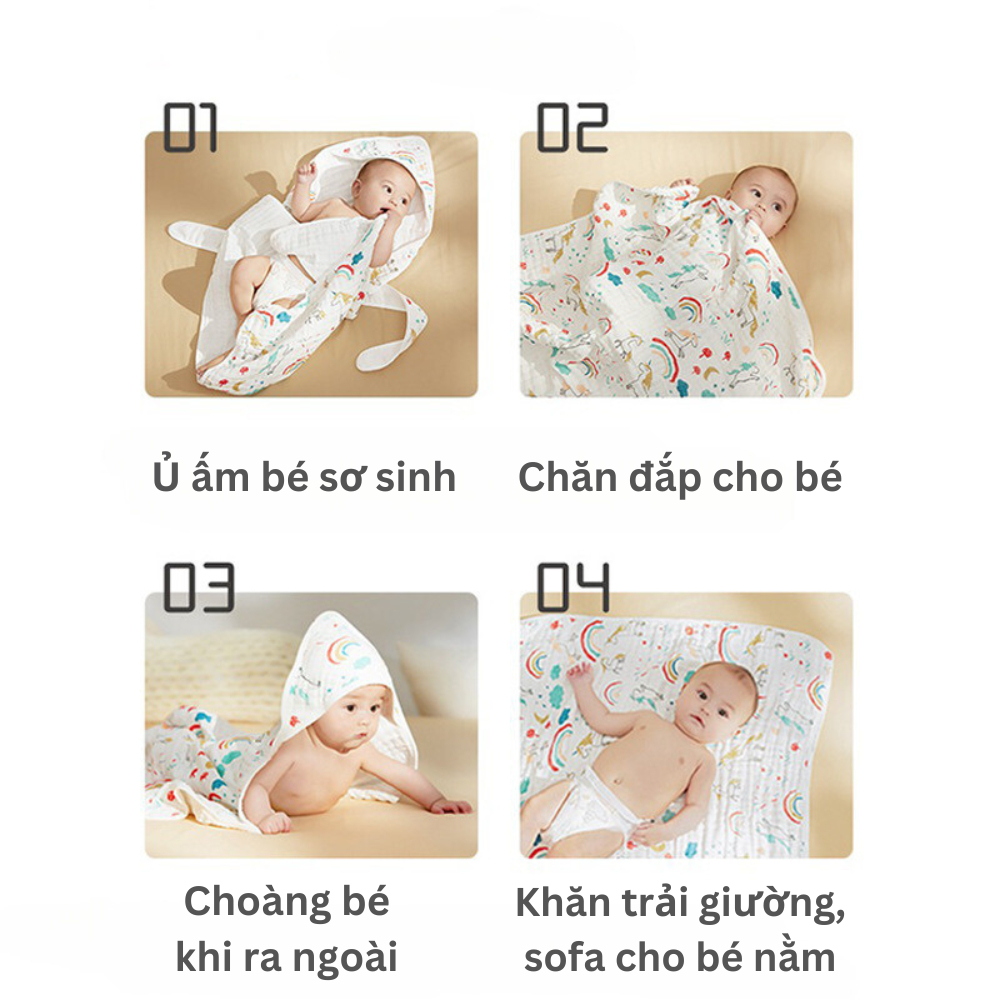 Choàng ủ xô có mũ, khăn tắm cho bé hàng xô muslin sợi cotton tự nhiên