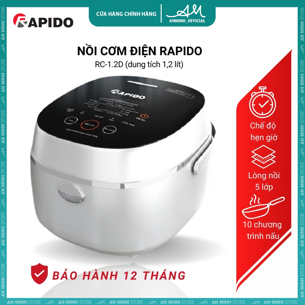 Nồi Cơm Điện Tử RAPIDO RC-1.2D 500W 1.2L công nghệ nhật bản, 10 chức năng nấu, bảo hành 1 Năm