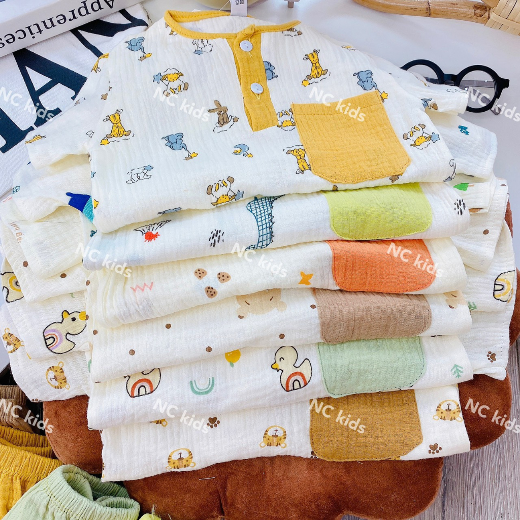 Bộ quần áo cộc xô muslin cho bé trai, bé gái BC31