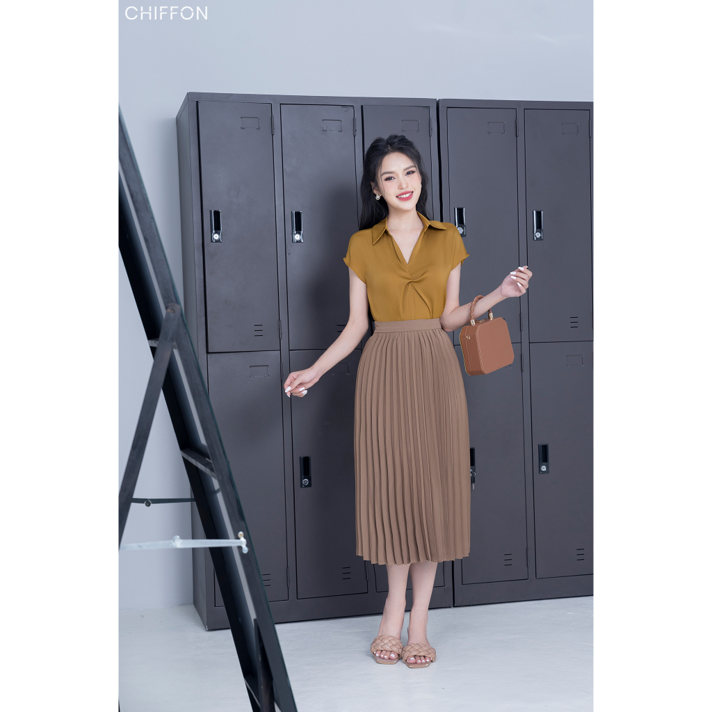 Chân váy dập ly quạt dáng dài 2 lớp basic Chiffon