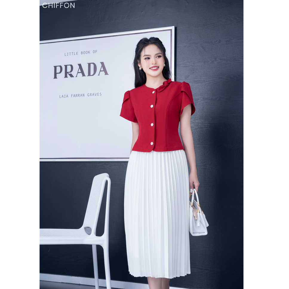 Áo vest ký giả tay cánh hồng cúc ngọc cao cấp Chiffon