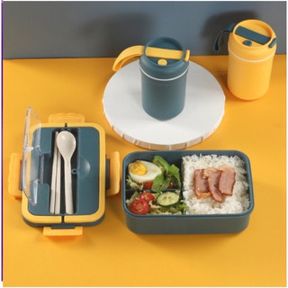 Hộp đựng cơm 3 ngăn lúa mạch - kèm đũa thìa và cốc đựng canh