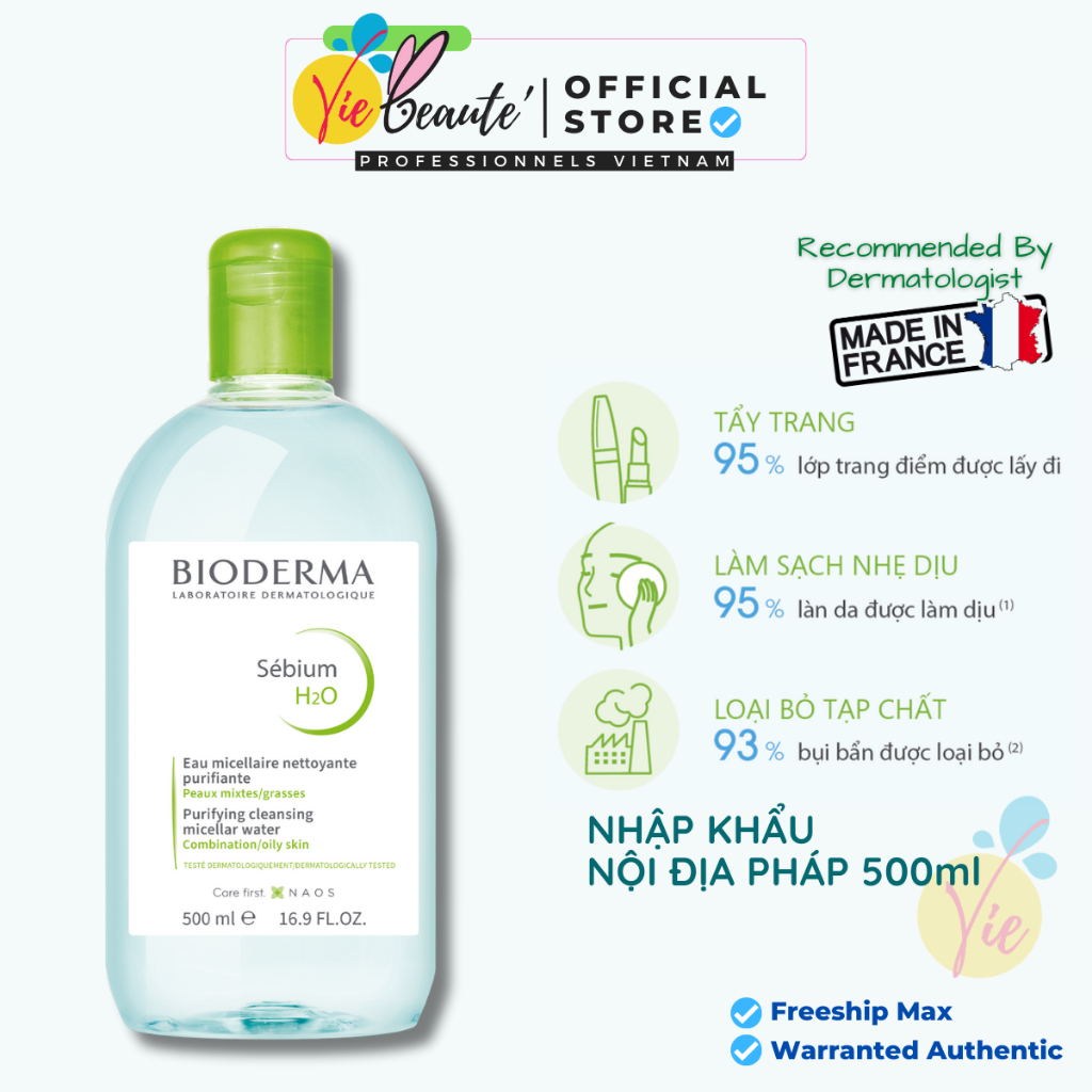 Nước tẩy trang Bioderma cho da dầu mụn, nhạy cảm - Bioderma Sensibio + Sebium H2O 500ml