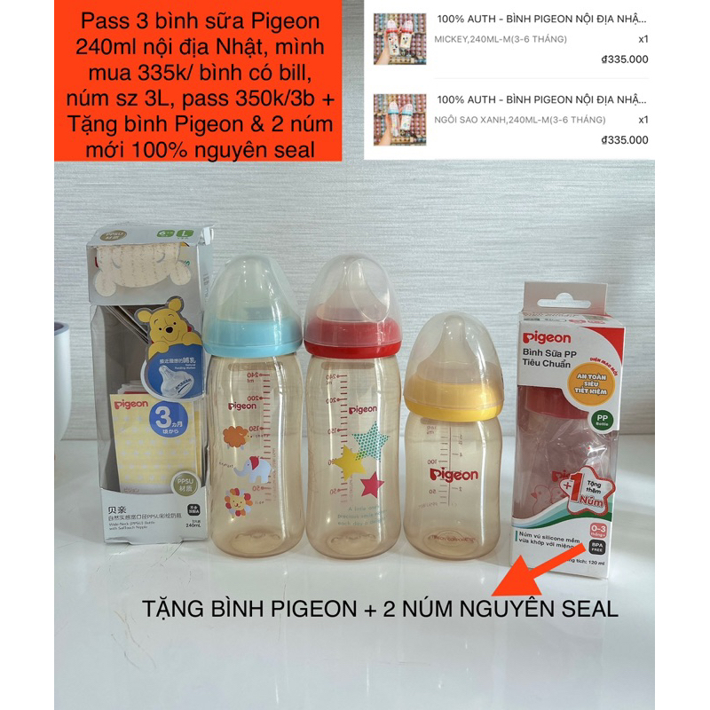 Thanh lý Bình sữa Pigeon, núm Pigeon nội địa Nhật